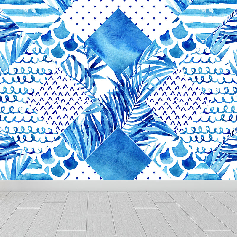 Extra Large Tropical Mural Wallpaper in Blue Leaves Pattern Wall Decor, Custom Printed Clearhalo 'Wall Decor' 'Wall Mural' 1617281