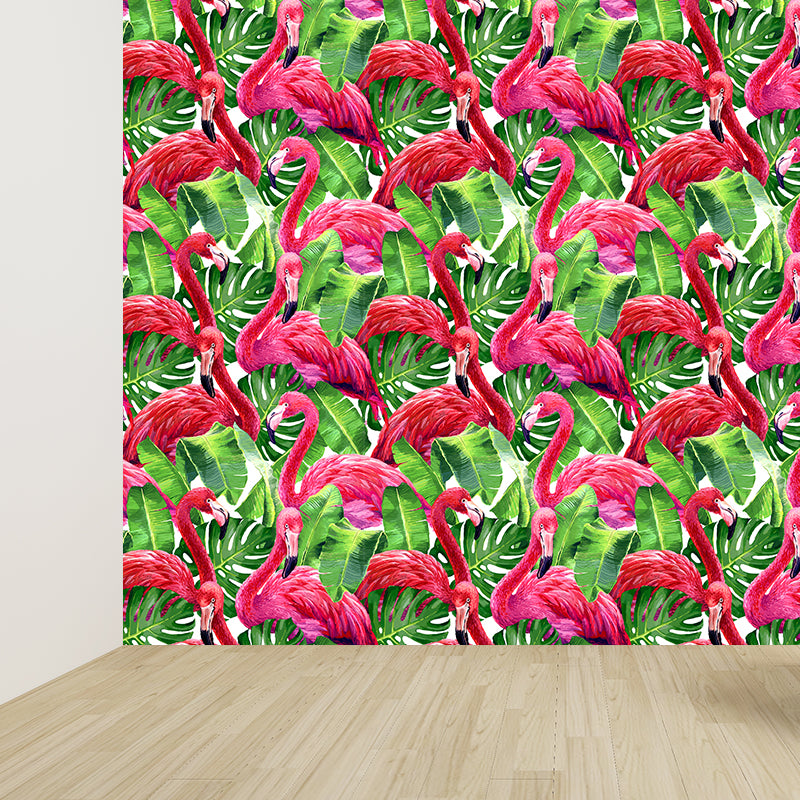 Flamingo and Leaves Wall Mural Tropical Decorative Girls Room Wall Covering, Custom Red Clearhalo 'Wall Decor' 'Wall Mural' 1617453