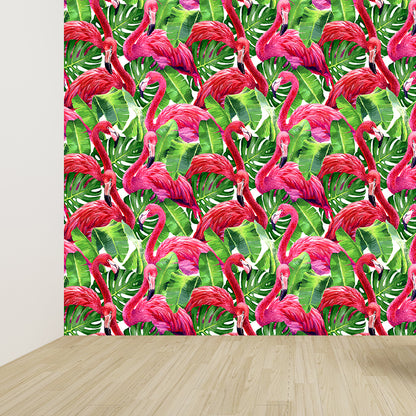 Flamingo and Leaves Wall Mural Tropical Decorative Girls Room Wall Covering, Custom Red Clearhalo 'Wall Decor' 'Wall Mural' 1617453