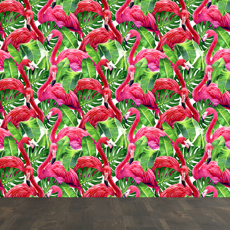 Flamingo and Leaves Wall Mural Tropical Decorative Girls Room Wall Covering, Custom Clearhalo 'Wall Decor' 'Wall Mural' 1617454