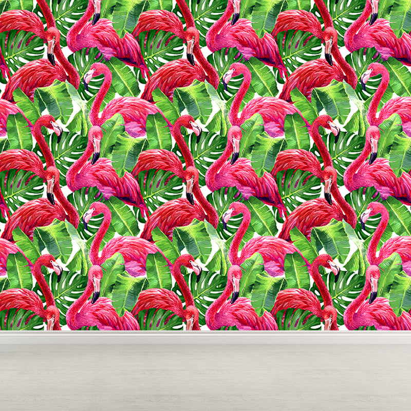 Flamingo and Leaves Wall Mural Tropical Decorative Girls Room Wall Covering, Custom Clearhalo 'Wall Decor' 'Wall Mural' 1617455
