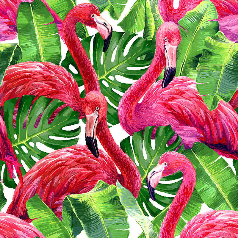 Flamingo and Leaves Wall Mural Tropical Decorative Girls Room Wall Covering, Custom Clearhalo 'Wall Decor' 'Wall Mural' 1617456
