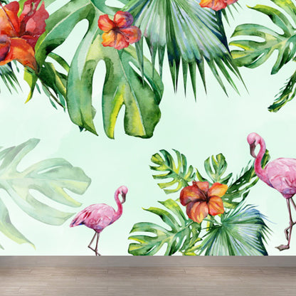 Green Flamingos and Flower Mural Wallpaper Moisture Resistant Wall Art for Dining Room Green Clearhalo 'Wall Decor' 'Wall Mural' 1617458