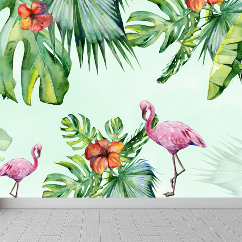 Green Flamingos and Flower Mural Wallpaper Moisture Resistant Wall Art for Dining Room Clearhalo 'Wall Decor' 'Wall Mural' 1617460