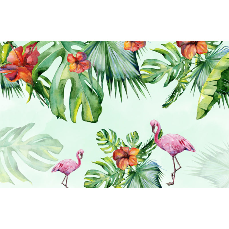 Green Flamingos and Flower Mural Wallpaper Moisture Resistant Wall Art for Dining Room Clearhalo 'Wall Decor' 'Wall Mural' 1617461