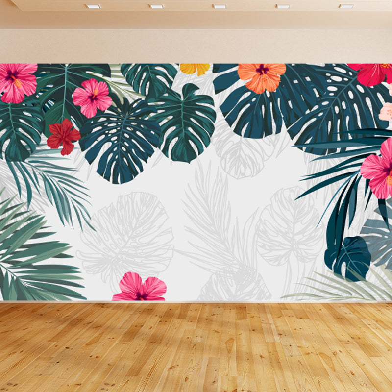 Full Size Illustration Tropical Mural Decal with Flowers and Leaves Landscape in White White Clearhalo 'Wall Decor' 'Wall Mural' 1617463