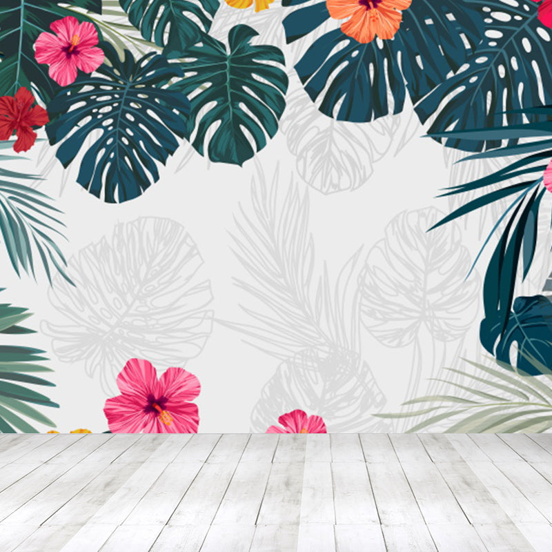 Full Size Illustration Tropical Mural Decal with Flowers and Leaves Landscape in White Clearhalo 'Wall Decor' 'Wall Mural' 1617464