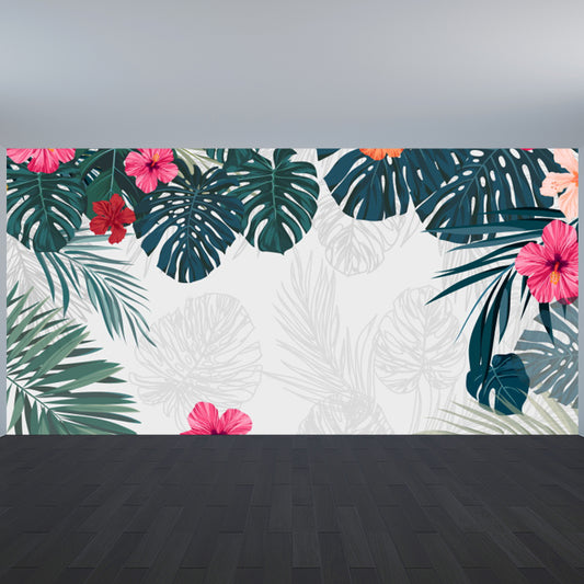 Full Size Illustration Tropical Mural Decal with Flowers and Leaves Landscape in White Clearhalo 'Wall Decor' 'Wall Mural' 1617465
