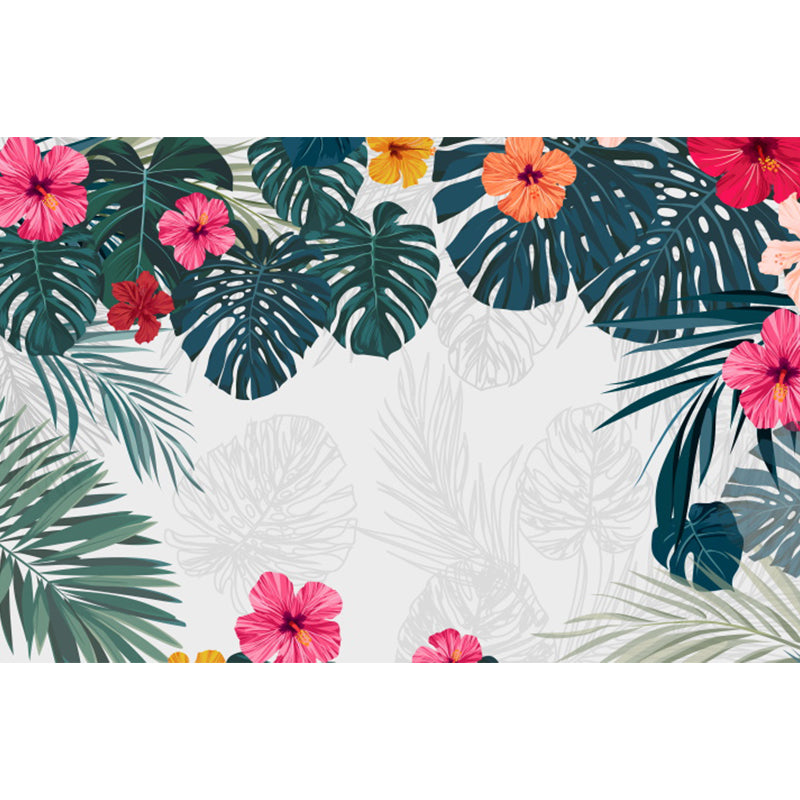 Full Size Illustration Tropical Mural Decal with Flowers and Leaves Landscape in White Clearhalo 'Wall Decor' 'Wall Mural' 1617466