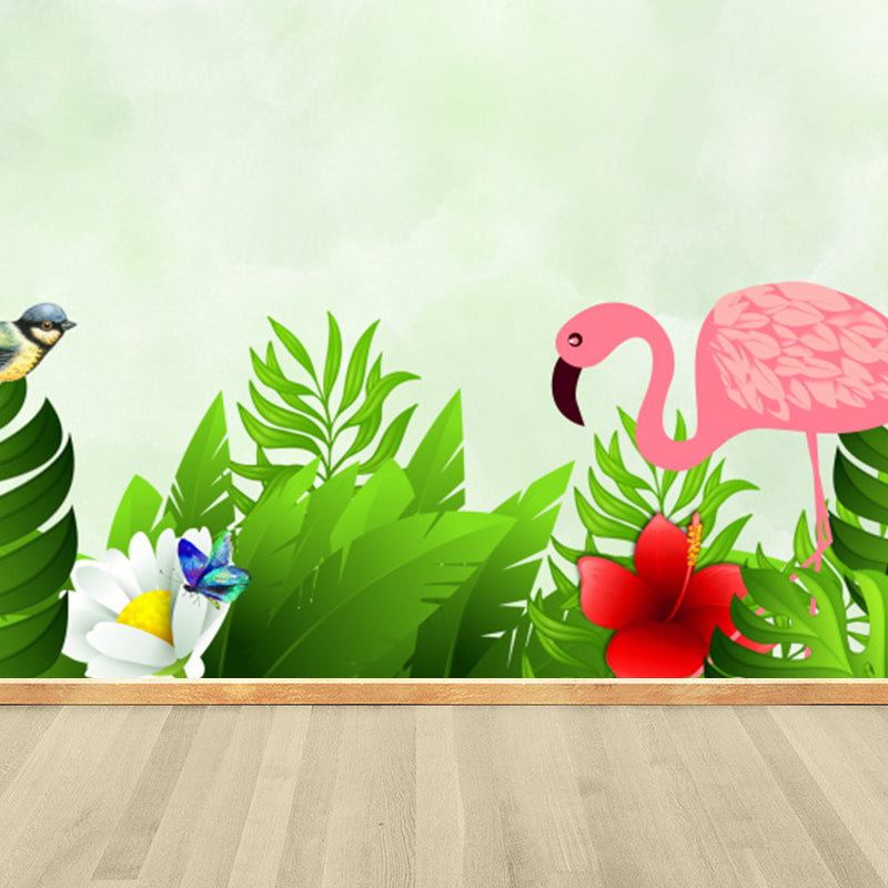 Flamingo and Leaves Mural Wallpaper Green Tropical Wall Covering for Living Room Clearhalo 'Wall Decor' 'Wall Mural' 1617469