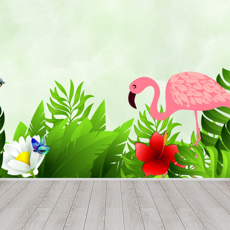 Flamingo and Leaves Mural Wallpaper Green Tropical Wall Covering for Living Room Clearhalo 'Wall Decor' 'Wall Mural' 1617470