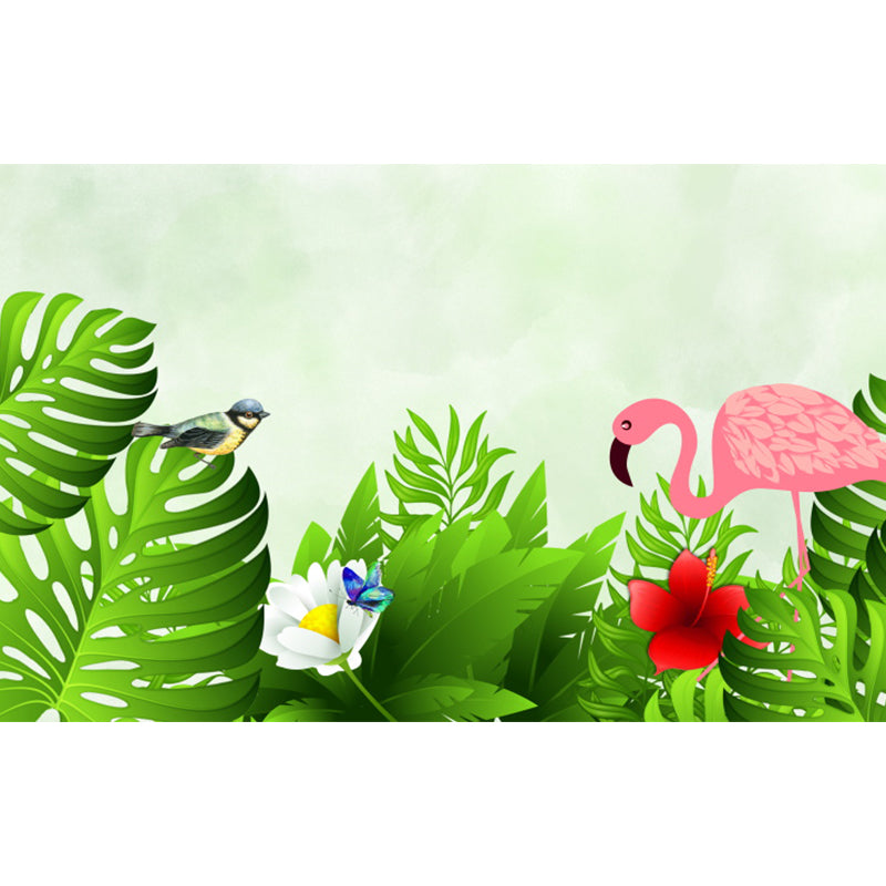 Flamingo and Leaves Mural Wallpaper Green Tropical Wall Covering for Living Room Clearhalo 'Wall Decor' 'Wall Mural' 1617471