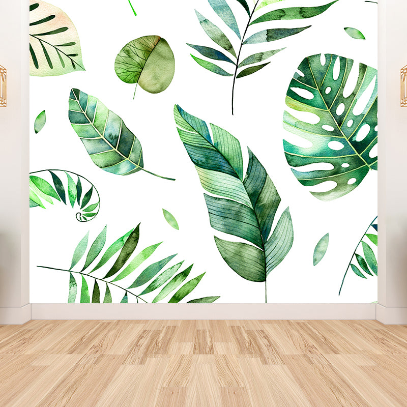 Green Diverse Leaves Wall Mural Moisture Resistant Tropical Living Room Wall Covering Green Clearhalo 'Wall Decor' 'Wall Mural' 1617473