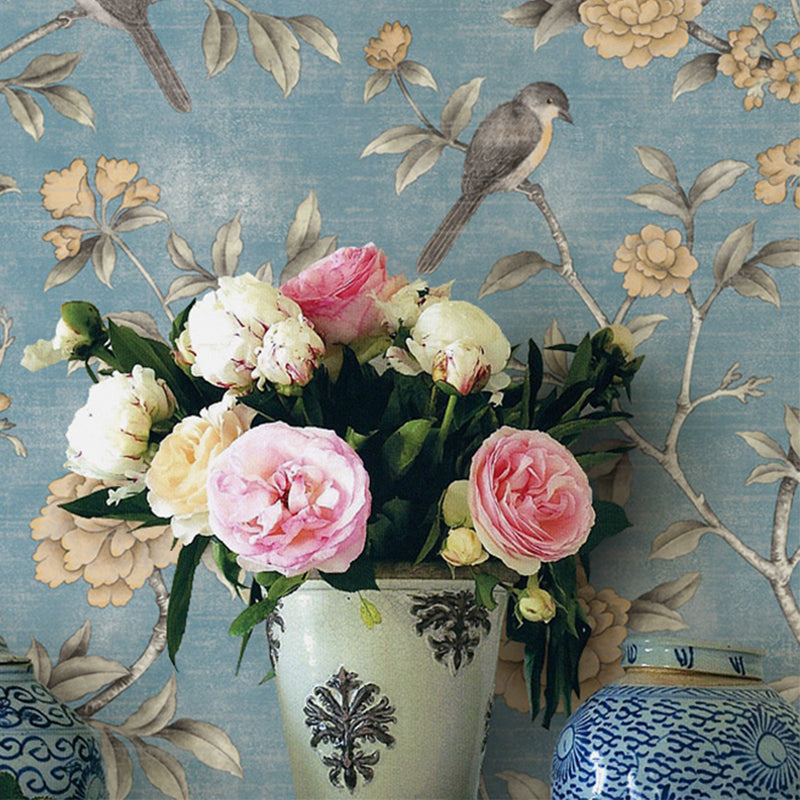 Bird and Blooming Peony Wallpaper Farmhouse Stain-Proof Bedroom Wall Art, 57.1-sq ft Blue 1 Set Clearhalo 'Country wall decor' 'Rustic' 'Wallpaper' Wall Decor' 1617627