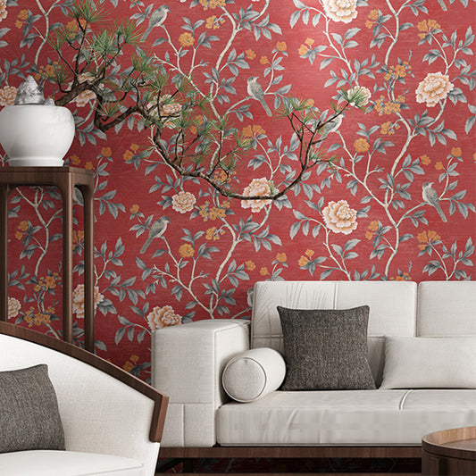 Bird and Blooming Peony Wallpaper Farmhouse Stain-Proof Bedroom Wall Art, 57.1-sq ft Red 1 Set