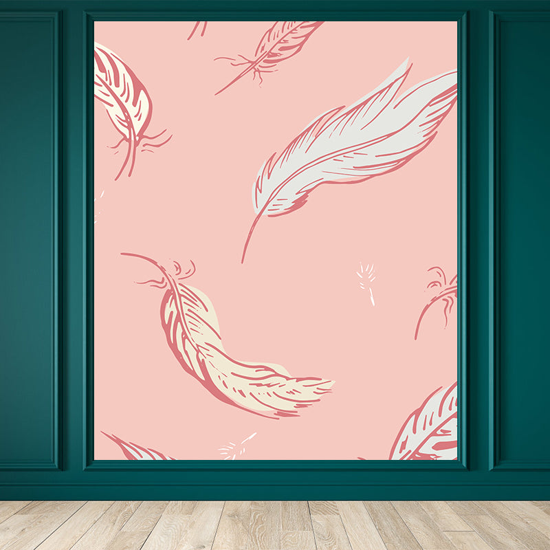 Nature Bird Feathers Mural Wallpaper Contemporary Non-Woven Wall Covering in Soft Color Pink Clearhalo 'Wall Decor' 'Wall Mural' 1617687