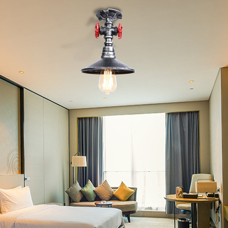 Cone Iron Semi-Flush Ceiling Light Loft Industrial 1 Light Bedroom Ceiling Lamp with Red Faucet Valve in Black/Bronze Aged Silver Clearhalo 'Ceiling Lights' 'Close To Ceiling Lights' 'Close to ceiling' 'Semi-flushmount' Lighting' 161769