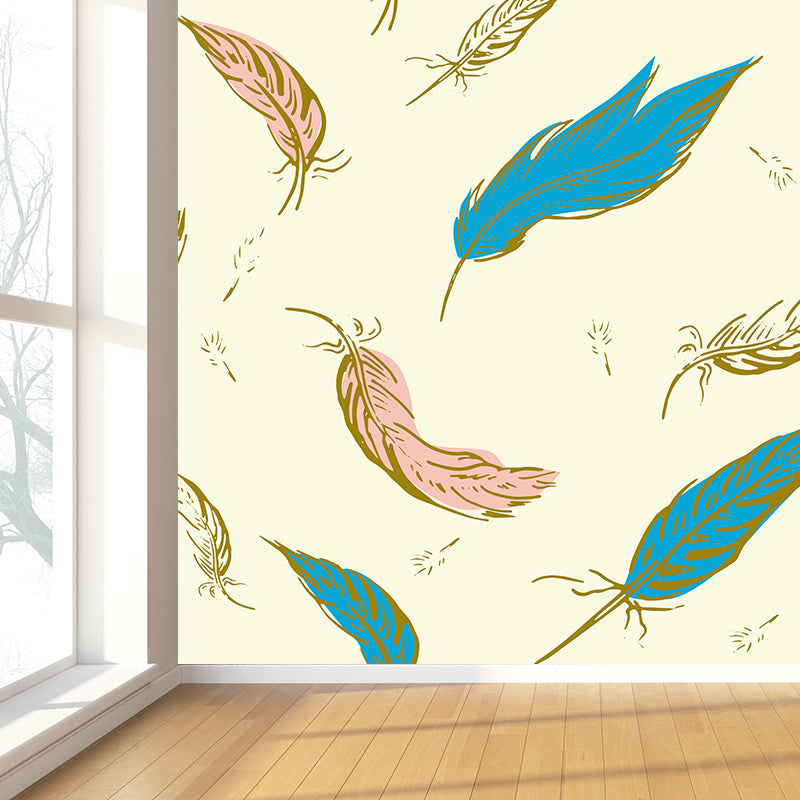 Nature Bird Feathers Mural Wallpaper Contemporary Non-Woven Wall Covering in Soft Color Clearhalo 'Wall Decor' 'Wall Mural' 1617693