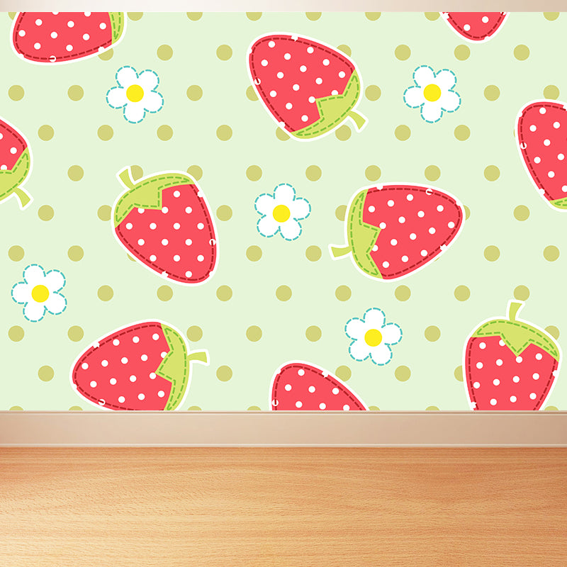 Illustration Strawberries Mural Decal for Living Room, Red, Custom Size Available Red Clearhalo 'Wall Decor' 'Wall Mural' 1617707
