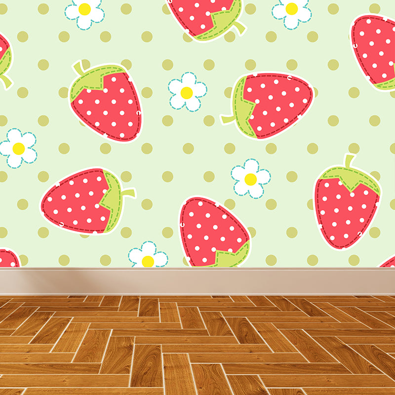 Illustration Strawberries Mural Decal for Living Room, Red, Custom Size Available Clearhalo 'Wall Decor' 'Wall Mural' 1617708