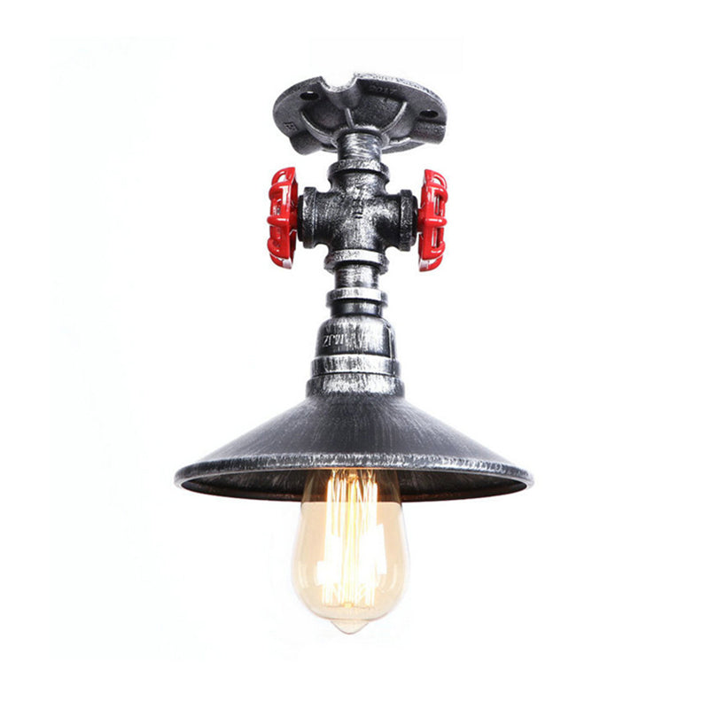 Cone Iron Semi-Flush Ceiling Light Loft Industrial 1 Light Bedroom Ceiling Lamp with Red Faucet Valve in Black/Bronze Clearhalo 'Ceiling Lights' 'Close To Ceiling Lights' 'Close to ceiling' 'Semi-flushmount' Lighting' 161771