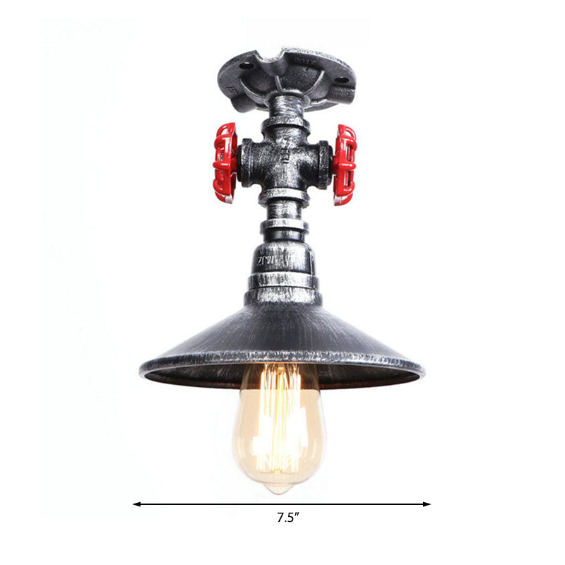 Cone Iron Semi-Flush Ceiling Light Loft Industrial 1 Light Bedroom Ceiling Lamp with Red Faucet Valve in Black/Bronze Clearhalo 'Ceiling Lights' 'Close To Ceiling Lights' 'Close to ceiling' 'Semi-flushmount' Lighting' 161772