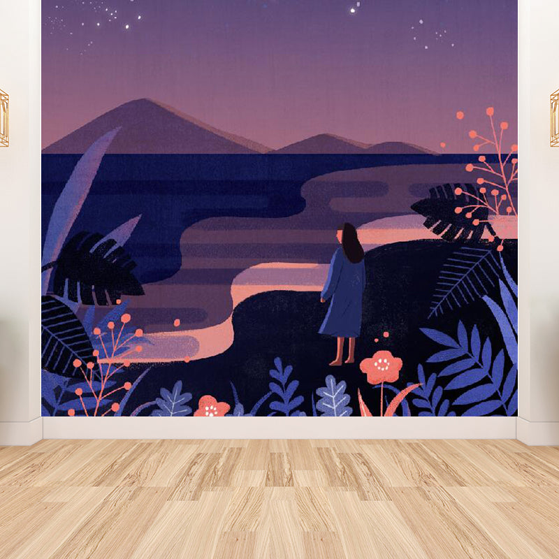 Starry Night Mural Decal Contemporary Non-Woven Textured Wall Covering in Purple Clearhalo 'Wall Decor' 'Wall Mural' 1617738