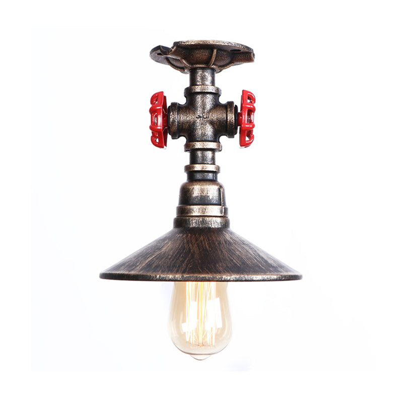 Cone Iron Semi-Flush Ceiling Light Loft Industrial 1 Light Bedroom Ceiling Lamp with Red Faucet Valve in Black/Bronze Clearhalo 'Ceiling Lights' 'Close To Ceiling Lights' 'Close to ceiling' 'Semi-flushmount' Lighting' 161774
