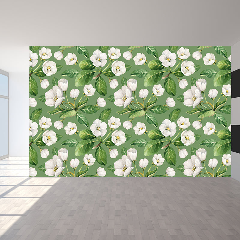 White Flower Pattern Wall Mural Moisture Resistant Tropical Living Room Wall Covering White Clearhalo 'Wall Decor' 'Wall Mural' 1617742