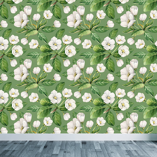 White Flower Pattern Wall Mural Moisture Resistant Tropical Living Room Wall Covering Clearhalo 'Wall Decor' 'Wall Mural' 1617743