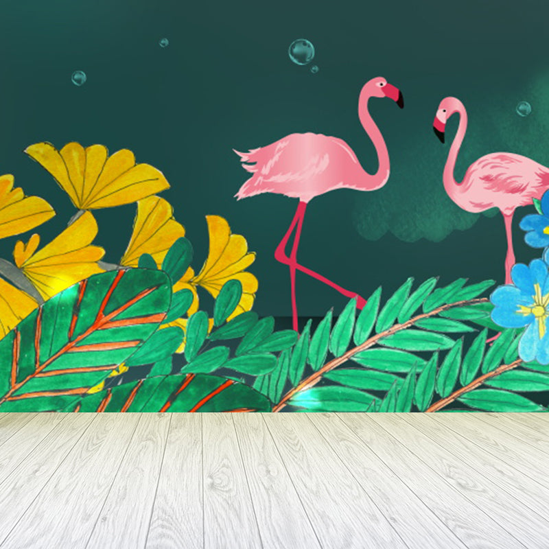 Waterproof Flamingo and Leaves Mural Tropical Non-Woven Wall Art, Custom Size Available Green Clearhalo 'Wall Decor' 'Wall Mural' 1617757