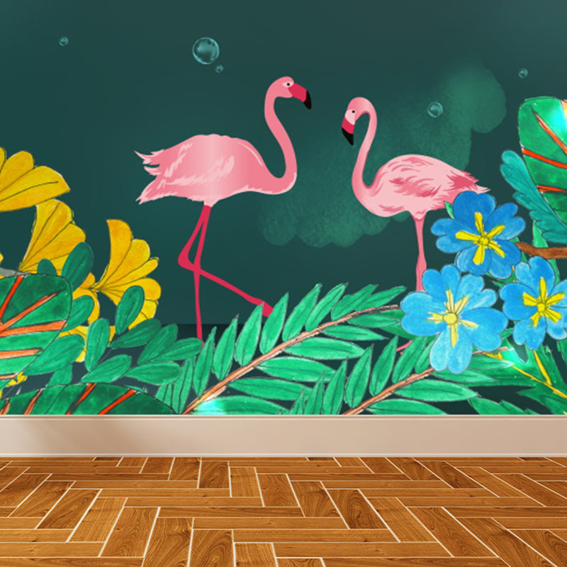 Waterproof Flamingo and Leaves Mural Tropical Non-Woven Wall Art, Custom Size Available Clearhalo 'Wall Decor' 'Wall Mural' 1617758