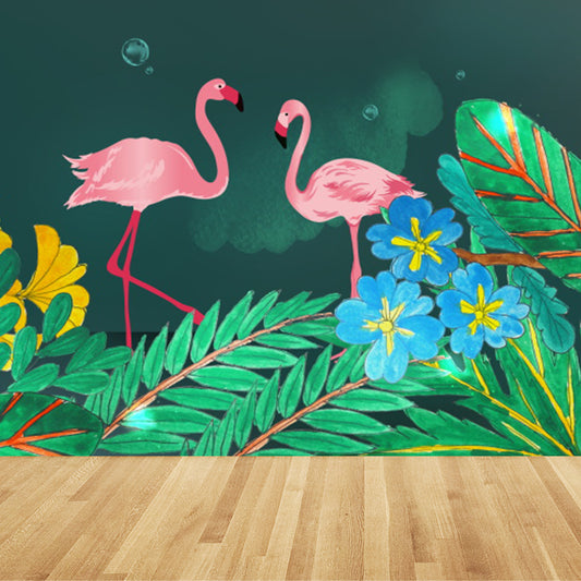 Waterproof Flamingo and Leaves Mural Tropical Non-Woven Wall Art, Custom Size Available Clearhalo 'Wall Decor' 'Wall Mural' 1617759
