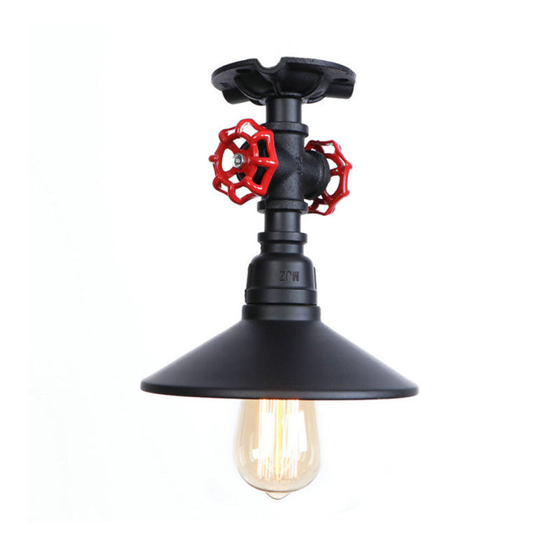 Cone Iron Semi-Flush Ceiling Light Loft Industrial 1 Light Bedroom Ceiling Lamp with Red Faucet Valve in Black/Bronze Clearhalo 'Ceiling Lights' 'Close To Ceiling Lights' 'Close to ceiling' 'Semi-flushmount' Lighting' 161776