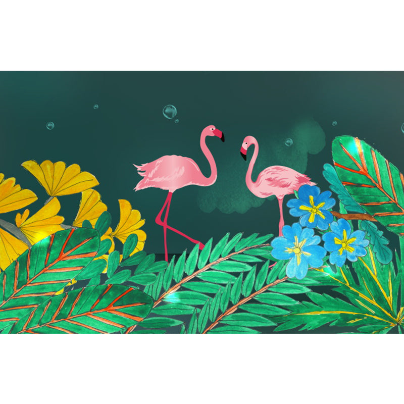 Waterproof Flamingo and Leaves Mural Tropical Non-Woven Wall Art, Custom Size Available Clearhalo 'Wall Decor' 'Wall Mural' 1617760