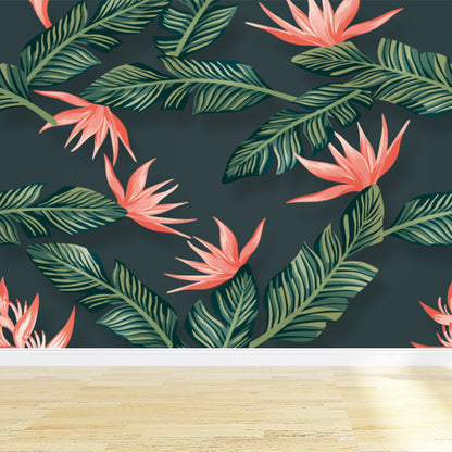 Tropical Flowers and Leaves Mural for Girls Bedroom Personalised Wall Decor in Green Green Clearhalo 'Wall Decor' 'Wall Mural' 1617767