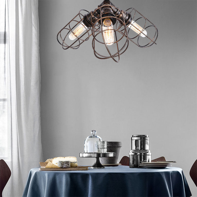 3 Lights Semi Flush Light with Wire Frame Wrought Iron Rustic Stylish Farmhouse Semi Flush Pendant Light in Bronze/Aged Silver Bronze Clearhalo 'Ceiling Lights' 'Close To Ceiling Lights' 'Close to ceiling' 'Semi-flushmount' Lighting' 161777