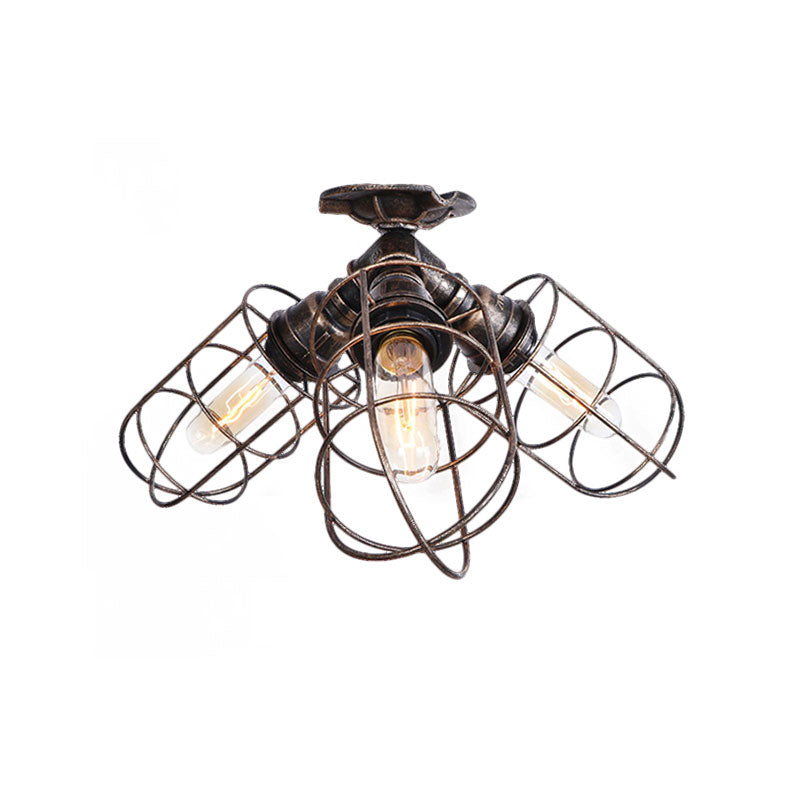 3 Lights Semi Flush Light with Wire Frame Wrought Iron Rustic Stylish Farmhouse Semi Flush Pendant Light in Bronze/Aged Silver Clearhalo 'Ceiling Lights' 'Close To Ceiling Lights' 'Close to ceiling' 'Semi-flushmount' Lighting' 161779