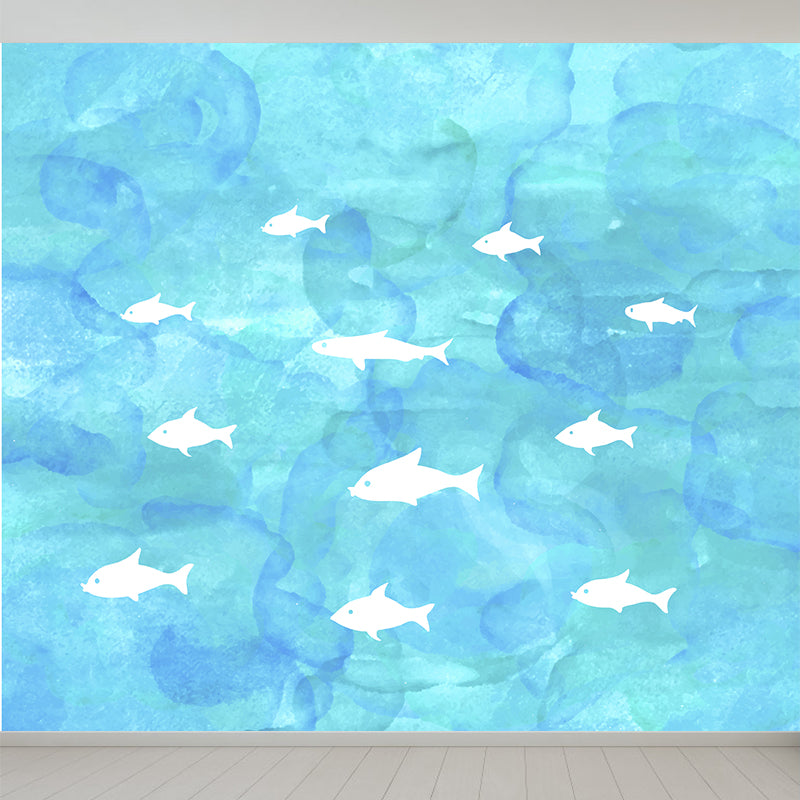 Modern Watercolor Sea Scene Mural Non-Woven Stain-Proof Light Color Wall Art for Living Room Light Blue Clearhalo 'Wall Decor' 'Wall Mural' 1617807