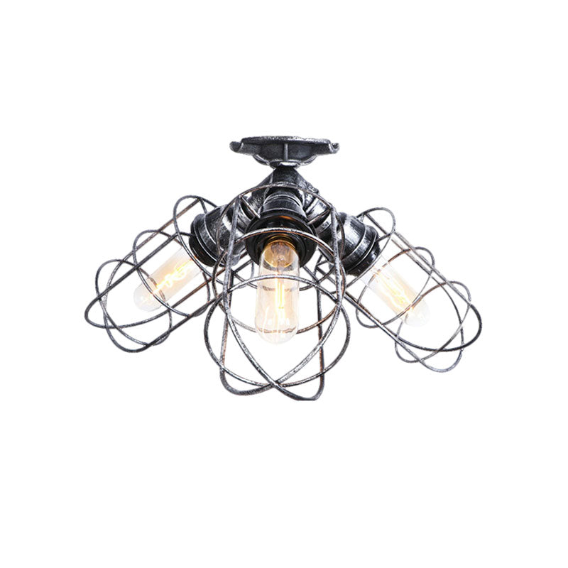 3 Lights Semi Flush Light with Wire Frame Wrought Iron Rustic Stylish Farmhouse Semi Flush Pendant Light in Bronze/Aged Silver Clearhalo 'Ceiling Lights' 'Close To Ceiling Lights' 'Close to ceiling' 'Semi-flushmount' Lighting' 161782