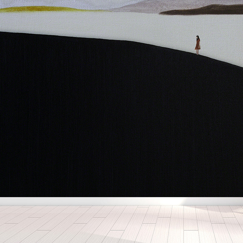 Contemporary Art Adults Mural Wallpaper Hills and Lake Painting Black Wall Covering Clearhalo 'Wall Decor' 'Wall Mural' 1617941
