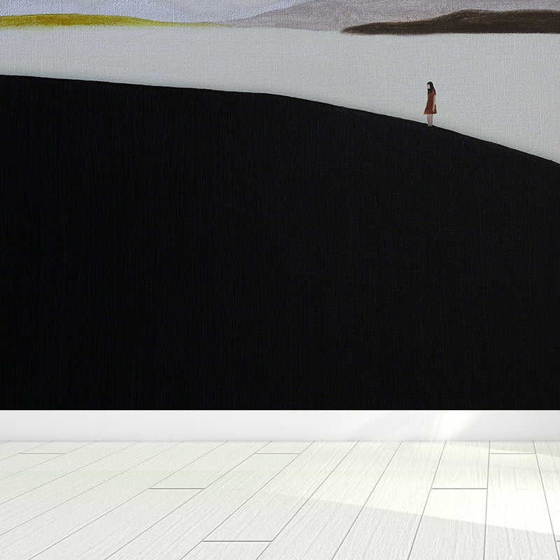 Contemporary Art Adults Mural Wallpaper Hills and Lake Painting Black Wall Covering Clearhalo 'Wall Decor' 'Wall Mural' 1617942
