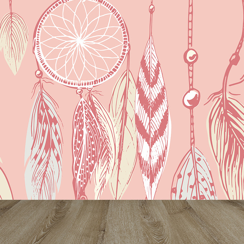 Illustration Dreamcatcher Wall Mural for Living Room, Light Color, Custom Size Available Pink Clearhalo 'Wall Decor' 'Wall Mural' 1617965
