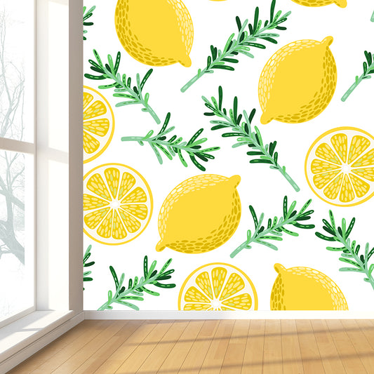 Modern Fruit and Leaves Mural Wallpaper Lemon Yellow Natural Botanical Wall Covering Clearhalo 'Wall Decor' 'Wall Mural' 1617981
