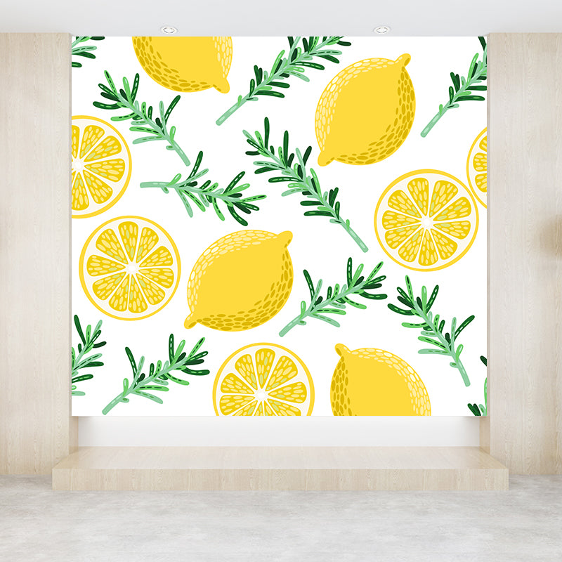 Modern Fruit and Leaves Mural Wallpaper Lemon Yellow Natural Botanical Wall Covering Clearhalo 'Wall Decor' 'Wall Mural' 1617982