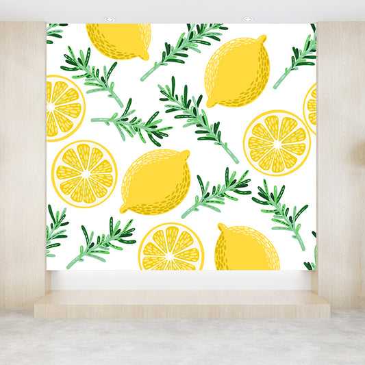 Modern Fruit and Leaves Mural Wallpaper Lemon Yellow Natural Botanical Wall Covering Clearhalo 'Wall Decor' 'Wall Mural' 1617982