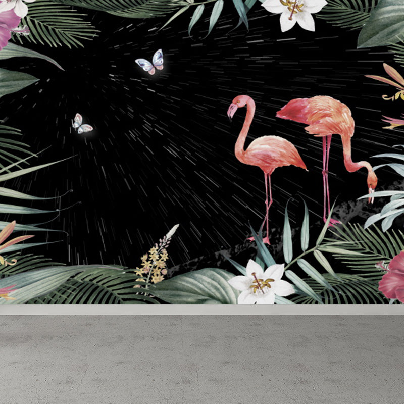 Flamingos and Butterflies Wall Mural Tropical Decorative Living Room Wall Art, Custom Black Clearhalo 'Wall Decor' 'Wall Mural' 1618020
