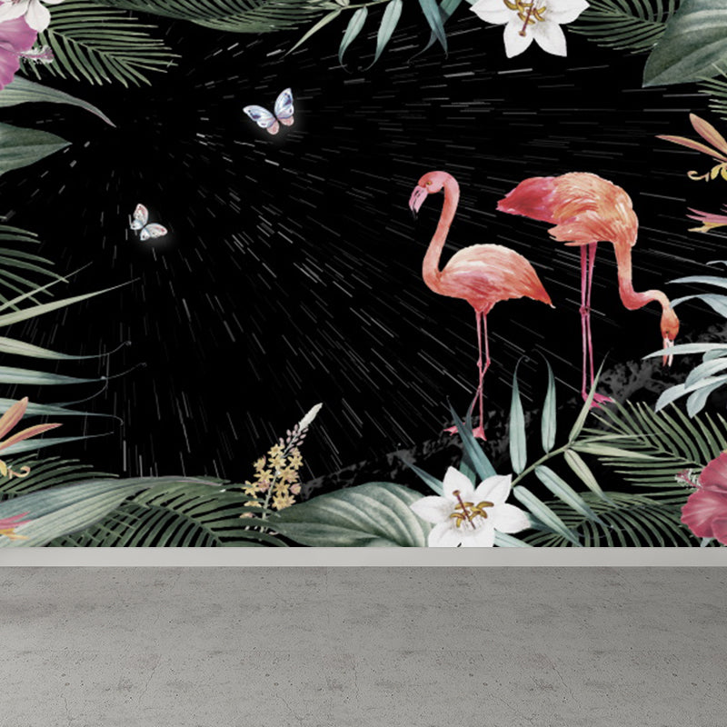 Flamingos and Butterflies Wall Mural Tropical Decorative Living Room Wall Art, Custom Black Clearhalo 'Wall Decor' 'Wall Mural' 1618020