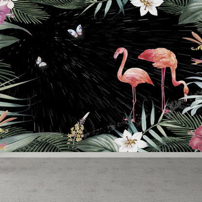 Flamingos and Butterflies Wall Mural Tropical Decorative Living Room Wall Art, Custom Black Clearhalo 'Wall Decor' 'Wall Mural' 1618020