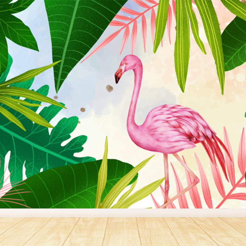 Big Field Flamingo Mural Wallpaper Decorative Tropical Living Room Wall Covering Green Clearhalo 'Wall Decor' 'Wall Mural' 1618030